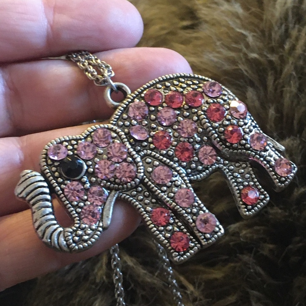 Pink stone covered lucky elephant necklace